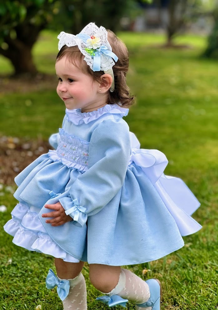 Blue Velvet Smocked Puffball Dress