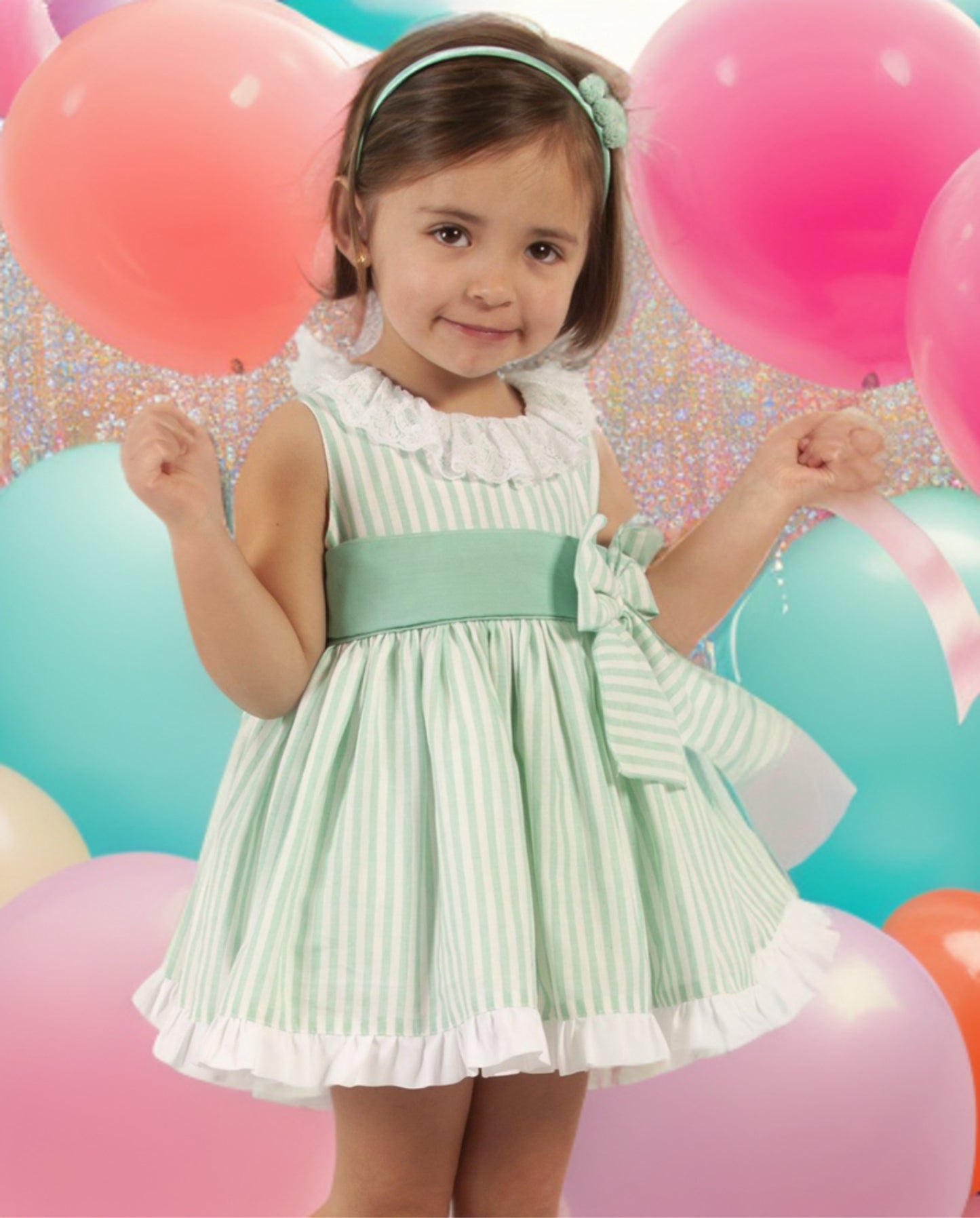 VE24-38 Mint Candy stripe puffball dress