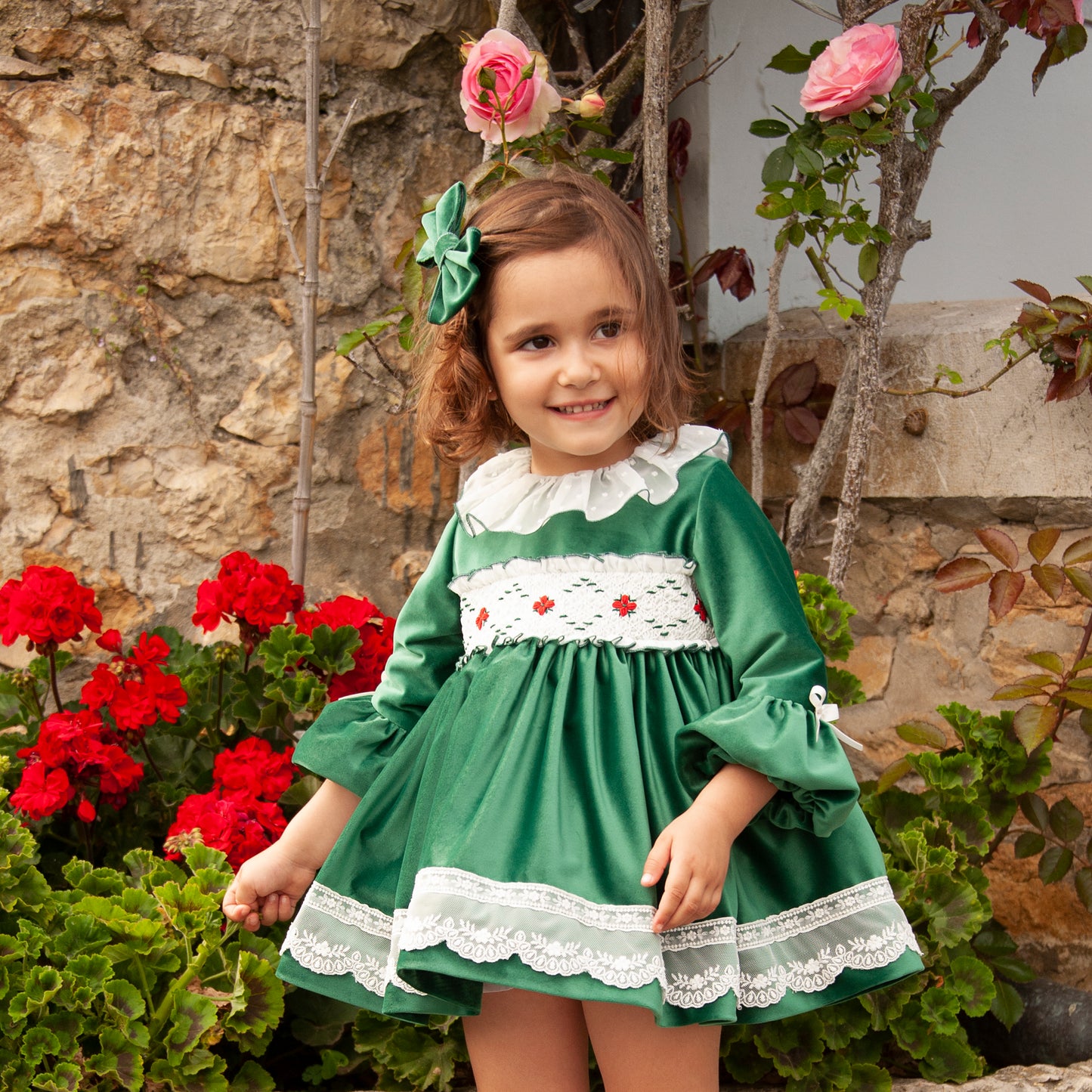 IN23-43 BOTTLE GREEN SMOCKED DRESS