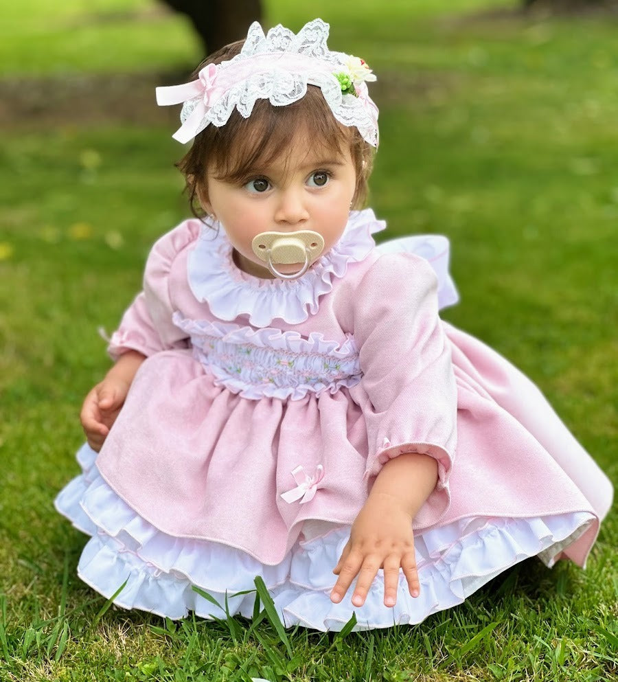 Pink Velvet Smocked Puffball Dress