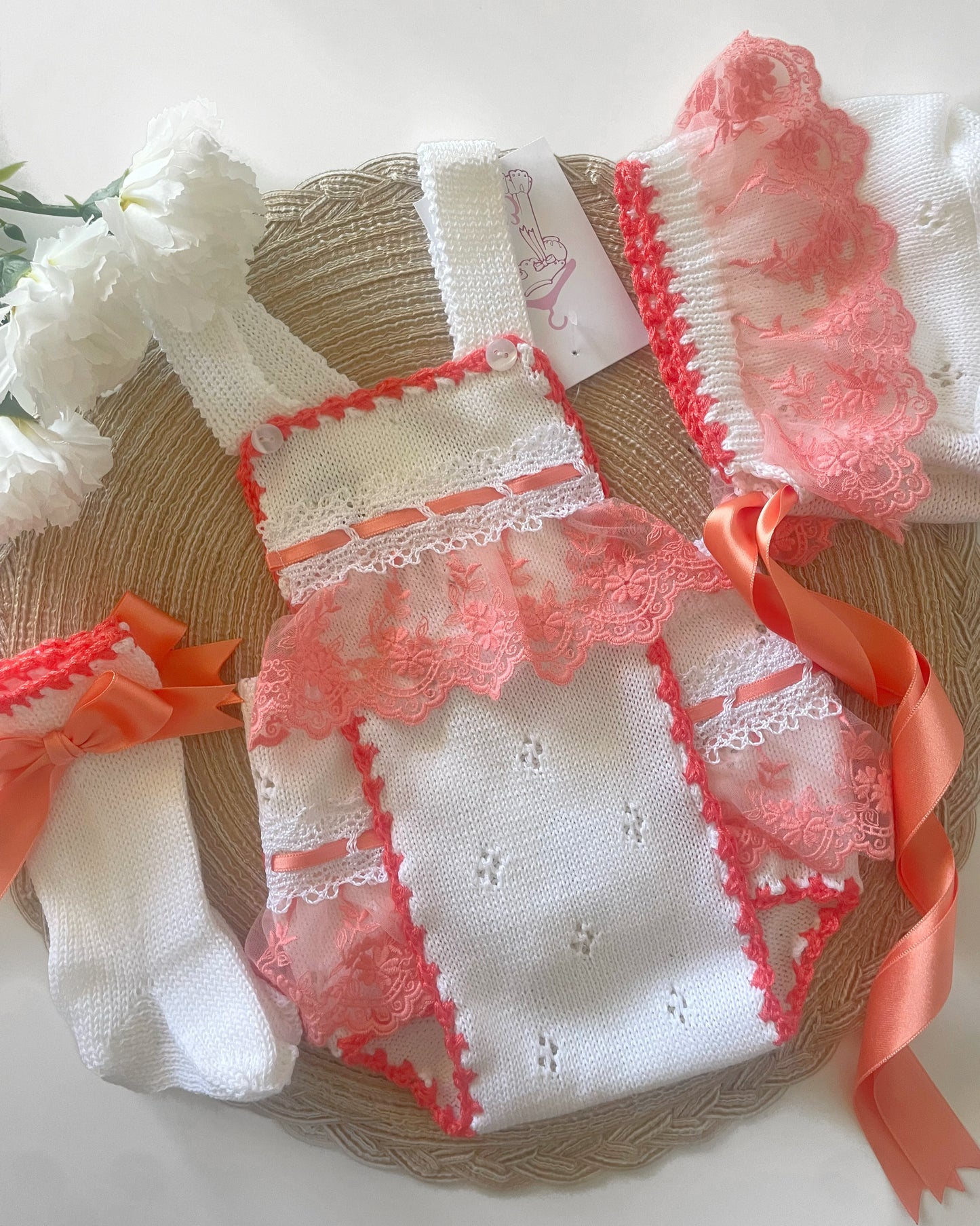 Ela White & Coral Lace Romper and Bonnet set