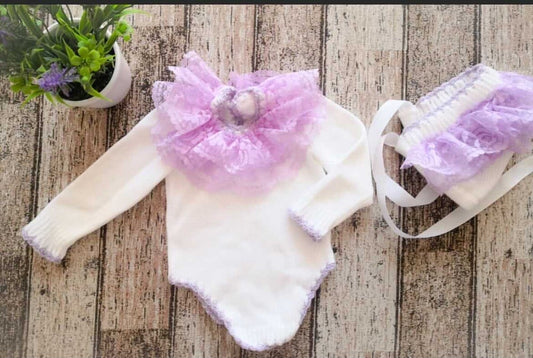 Ela lilac & white lace romper set